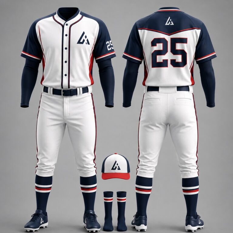 Premium custom white, navy, and red sublimated baseball uniform featuring navy sleeves, red accent panels, matching pants, cap, and socks by Athletic Line Industries.