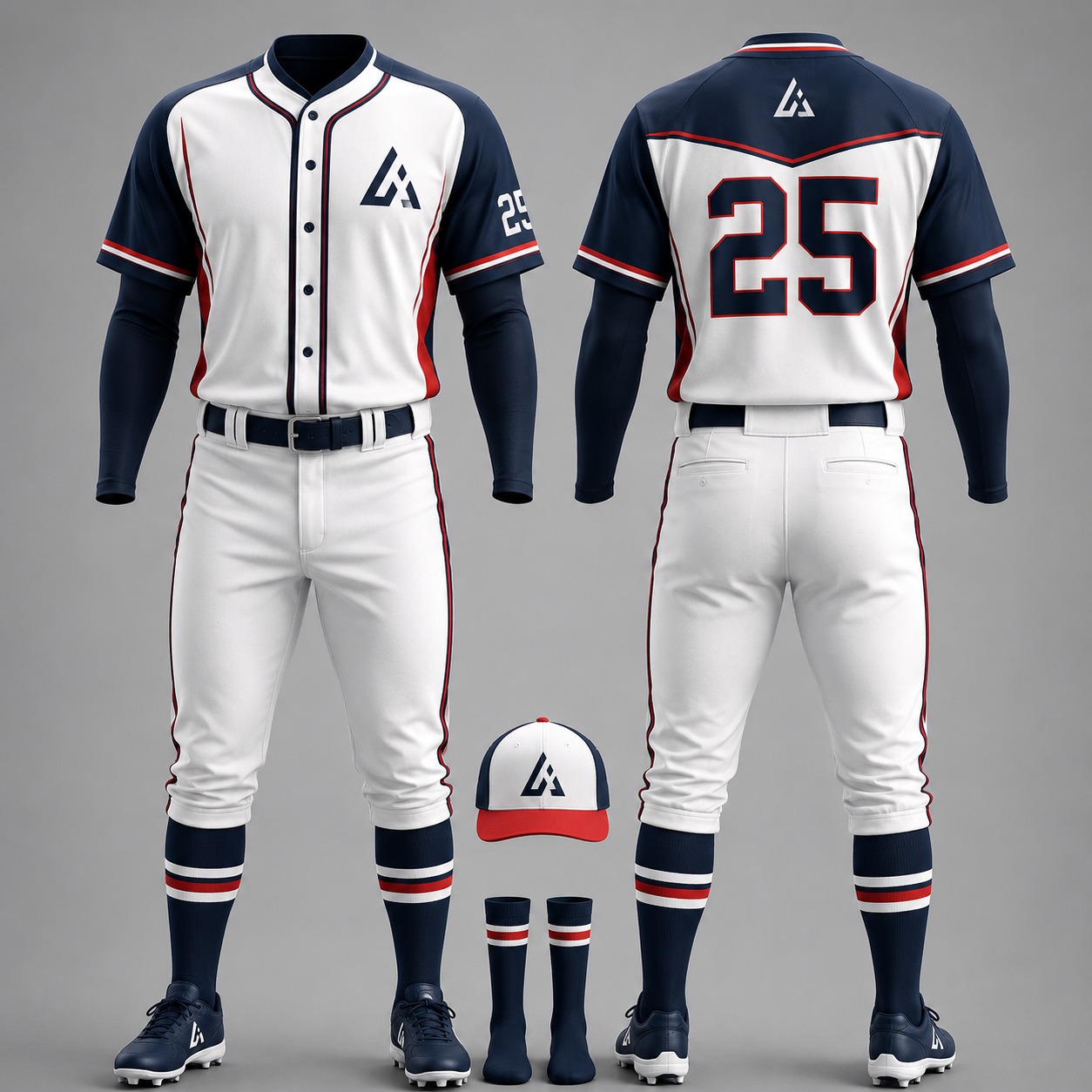 Premium custom white, navy, and red sublimated baseball uniform featuring navy sleeves, red accent panels, matching pants, cap, and socks by Athletic Line Industries.