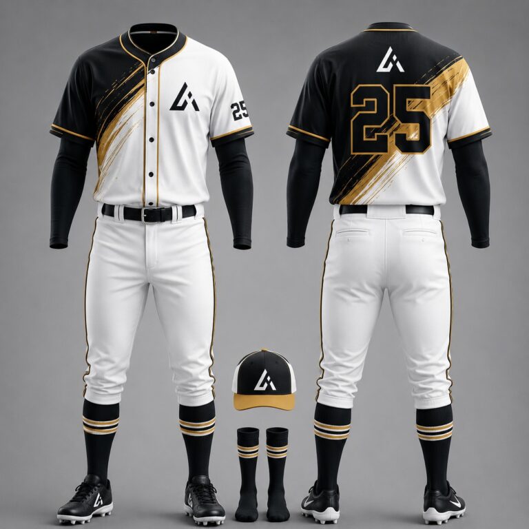 Custom black white gold baseball uniform set with jersey pants cap and socks