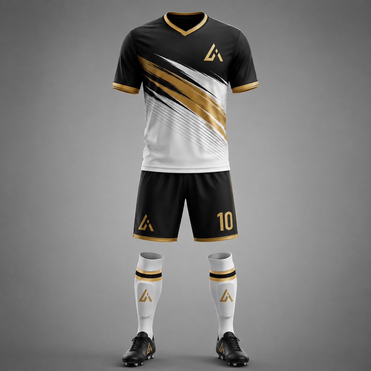 Premium Black White Gold Football Uniform by Athletic Line Industries – Custom Soccer Jersey & Shorts Set