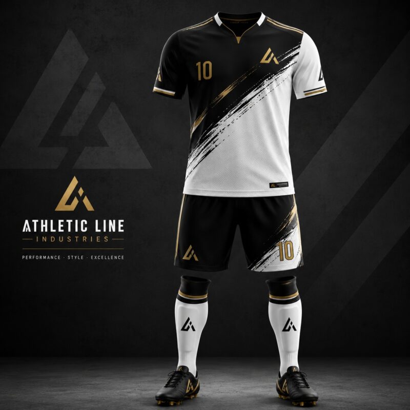 Black and White Custom Football Uniform with Gold Accents by Athletic Line Industries