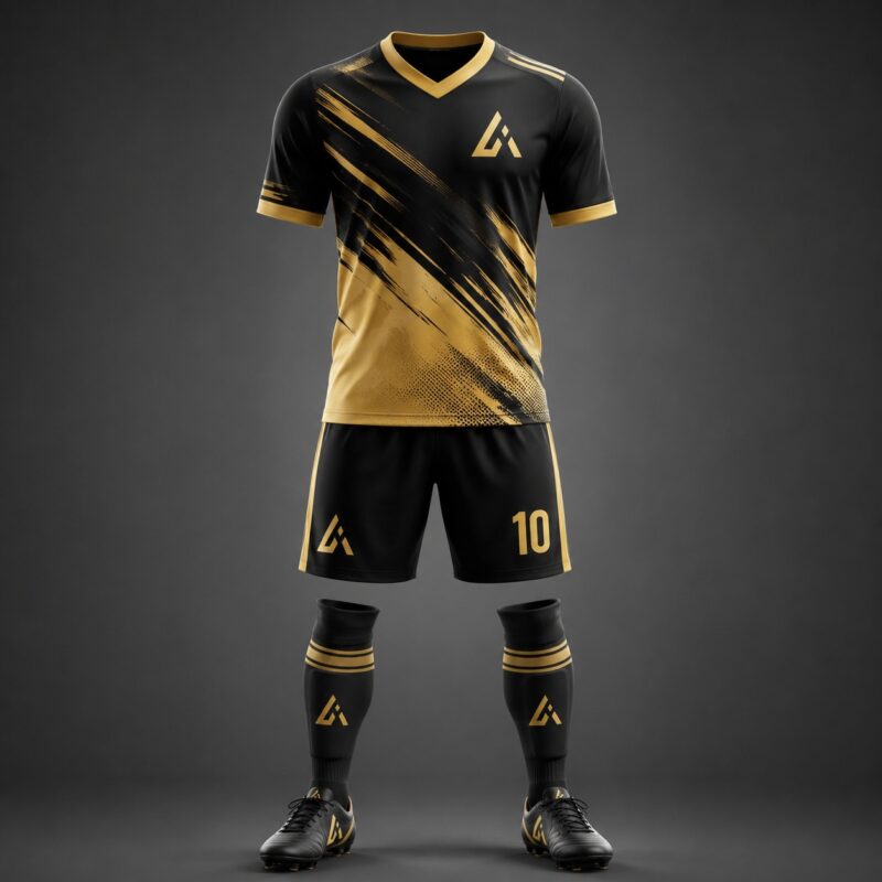 Premium Black and Gold Custom Football Uniform with Sublimated Brush-Stroke Design by Athletic Line Industries